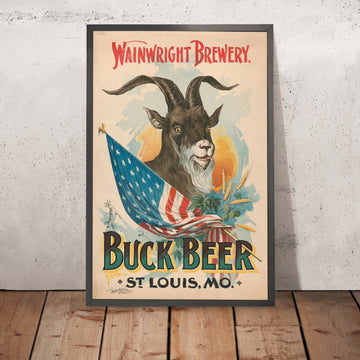 A framed image of Wainwright Brewery Vintage Buck Beer Poster, 1895