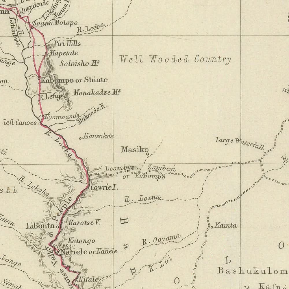 Old Map of Dr. Livingstone's African Route by Arrowsmith, 1857: Linyanti, Quelimane, Victoria Falls, Zambezi, Kalahari