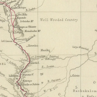 Ancienne carte de la route africaine du Dr Livingstone par Arrowsmith, 1857 : Linyanti, Quelimane, chutes Victoria, Zambèze, Kalahari