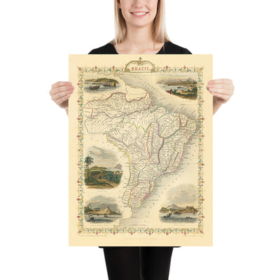 Old Map of Brazil by Tallis, 1851: Amazon River, Rio de Janeiro, São Paulo, Salvador, Atlantic Coast