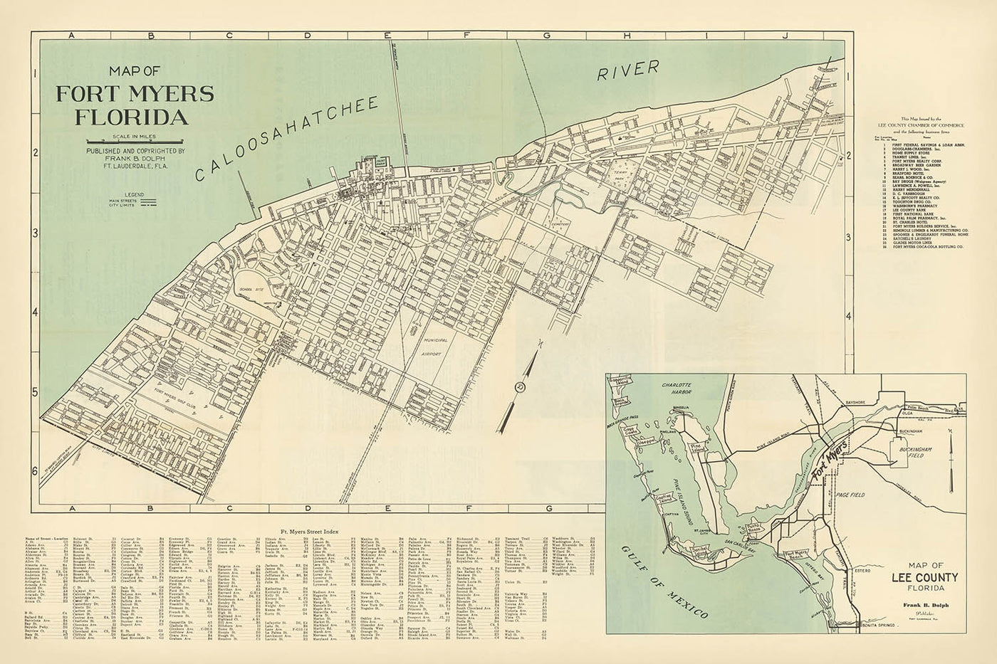 Old City Map of Fort Myers Florida by Frank B. Dolph, 1945: Caloosahatchee, City Hall, Yacht Basin, Courthouse, Golf Course
