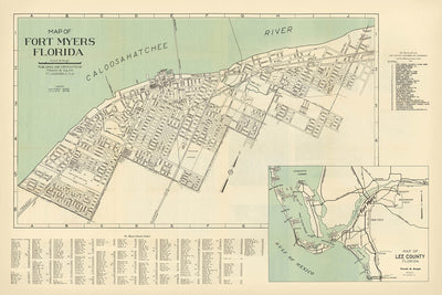 Old City Map of Fort Myers Florida by Frank B. Dolph, 1945: Caloosahatchee, City Hall, Yacht Basin, Courthouse, Golf Course