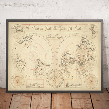 Antiguo mapa manuscrito del mundo de Trippit, 1665: proyecciones polares gemelas, California como isla, raros diagramas astronómicos 