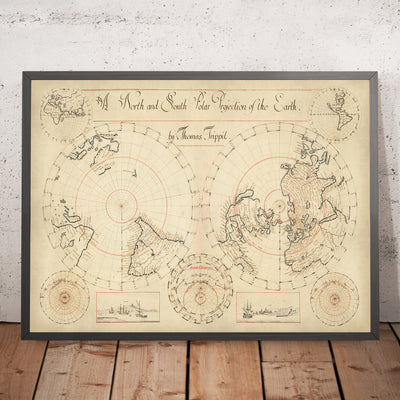 Old Manuscript World Map by Trippit, 1665: Twin Polar Projections, California as Island, Rare Astronomical Diagrams