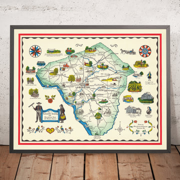 Alte Karte des Lancaster County, PA von Schmuckle, 1949: Ephrata, Lititz, Susquehanna & Conestoga Flüsse, Amish-Gemeinschaften 