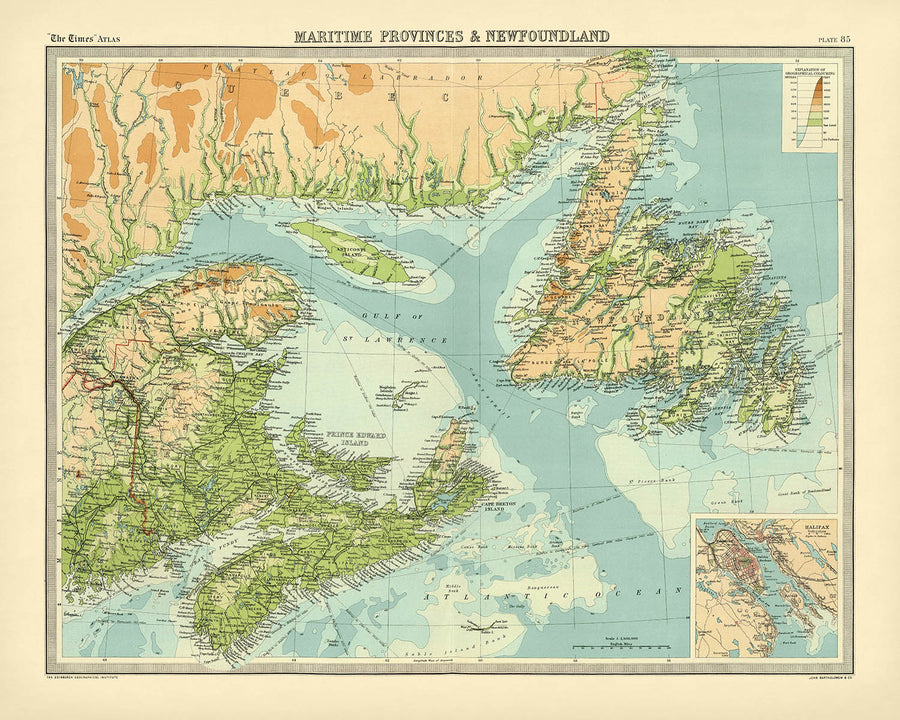 Old Map of Halifax, Newfoundland, Nova Scotia & New Brunswick by Bartholomew, 1922