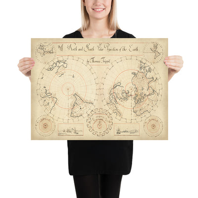 Old Manuscript World Map by Trippit, 1665: Twin Polar Projections, California as Island, Rare Astronomical Diagrams