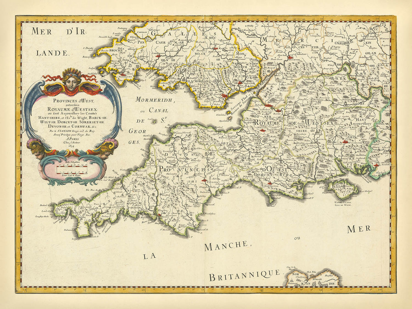 Historic County of Wessex: West Country, Hampshire & Berkshire by Sanson, 1654