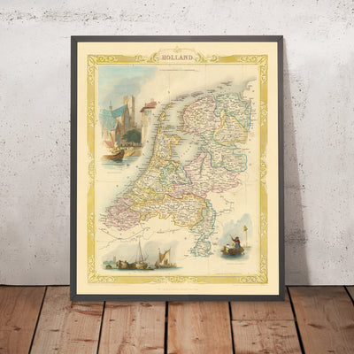 Old Map of the Netherlands by Tallis, 1851: Amsterdam, Rotterdam, Rhine, Zuider Zee, Vignettes