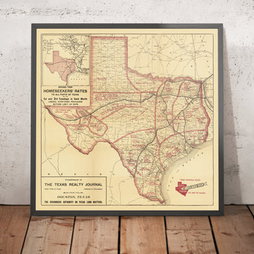 Mappa antica del Texas dei Poole Brothers, 1909: Ferrovia Iron Mountain, Houston, San Antonio, Dallas 