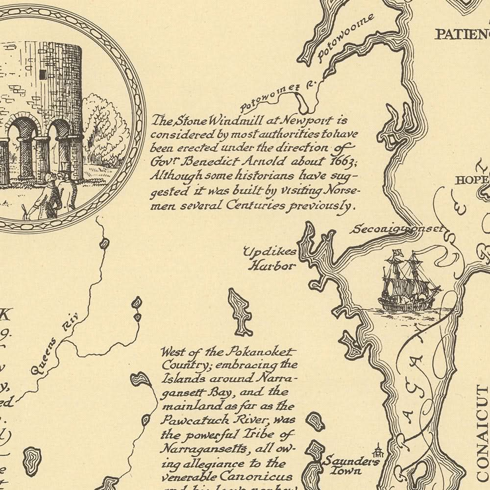 Mapa pictórico antiguo de Rhode Island realizado por Clegg, 1925: Providence, Newport, barcos, rosa de los vientos, Block Island