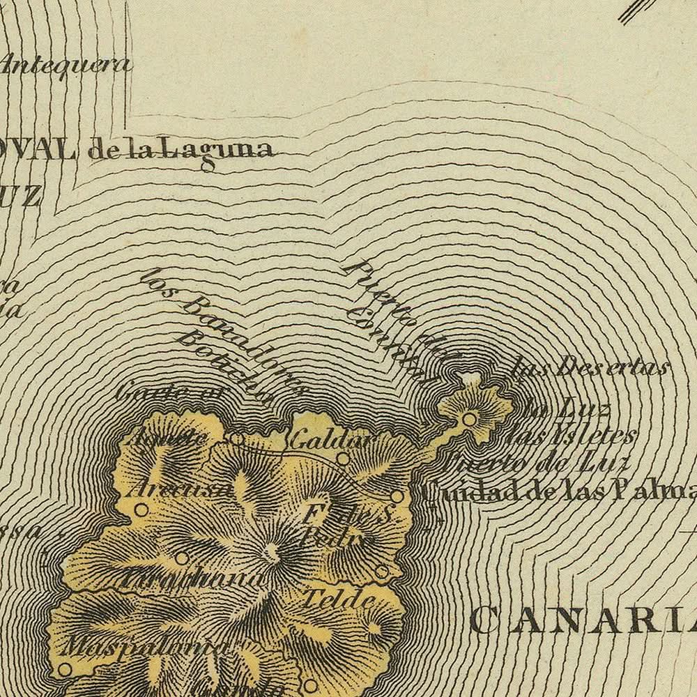 Ancienne carte rare des îles Canaries par Lucas, 1823 : Tenerife, Gran Canaria, rose des vents, montagnes, Atlantique