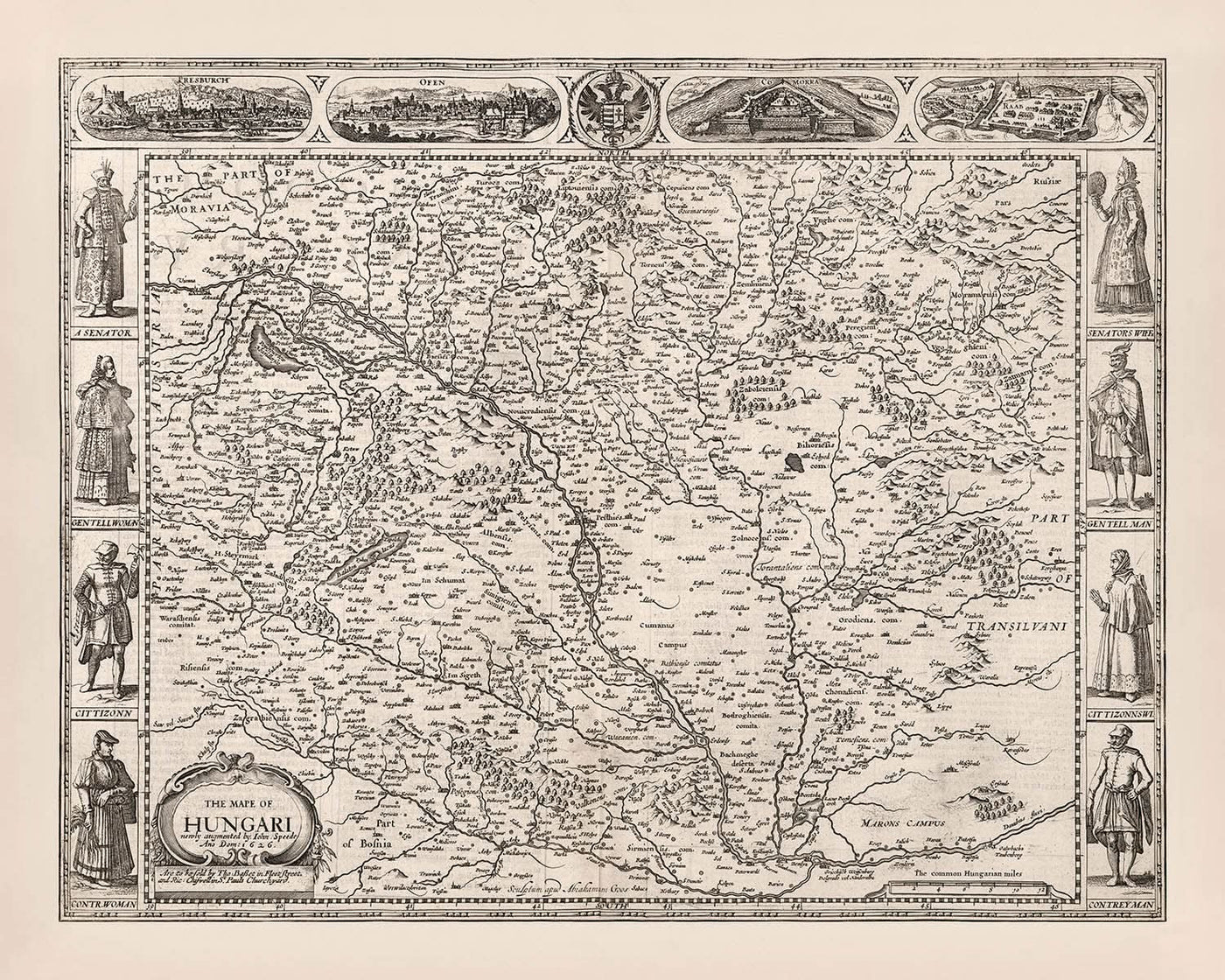 Alte Karte von Ungarn von Speed, 1626: Buda, Pest, Cluj, Flüsse, Berge