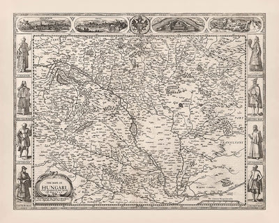 Mapa antiguo de Hungría de Speed, 1626: Buda, Pest, Cluj, ríos, montañas