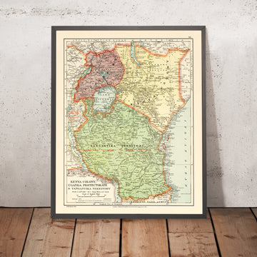 Alte koloniale Karte von Kenia, Uganda, Ruanda und Tansania von Edward Stanford, 1926: Nairobi, Kampala, Viktoriasee, Kilimandscharo, Uganda-Bahn 