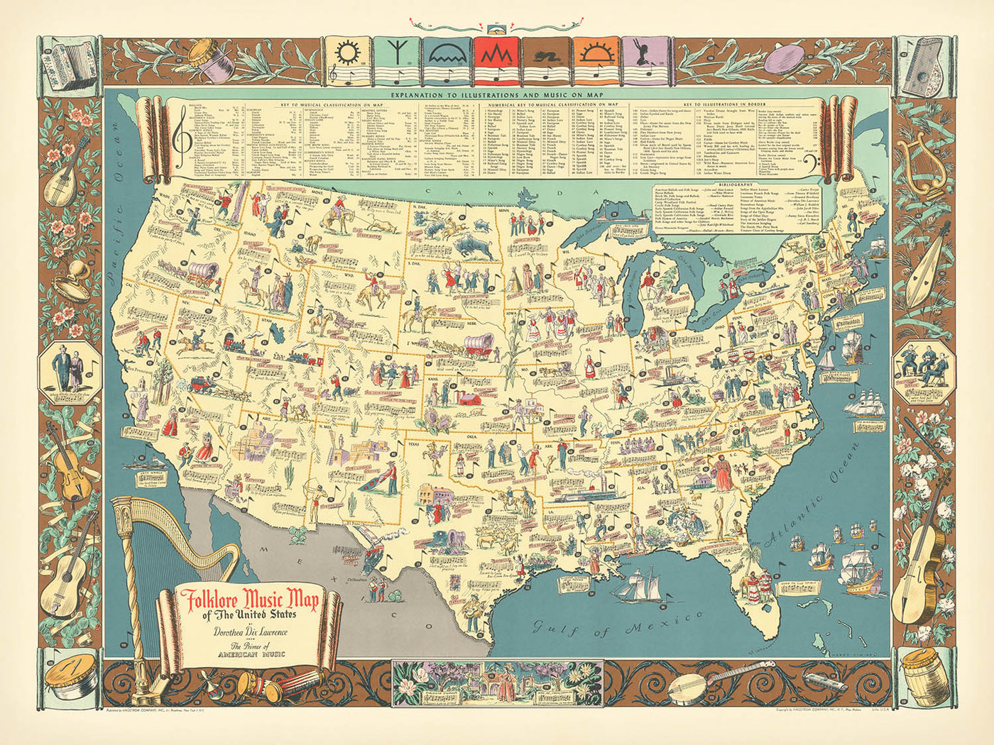 Old Folk Music Map of United States by Lawrence, 1946: Zuni Symbols, Bayou Ballads, Musical Themes