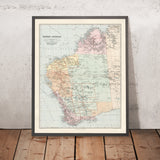 Mappa antica dell'Australia Occidentale e dell'Outback di Edward Stanford, 1904: Perth, Ferrovie, Percorsi degli Esploratori, Grande Deserto di Victoria 