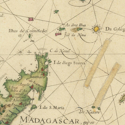Old Map of East Africa & Indian Ocean by Linschoten, 1596: Mozambique, Zanzibar, Madagascar, Mogadishu, Prester John
