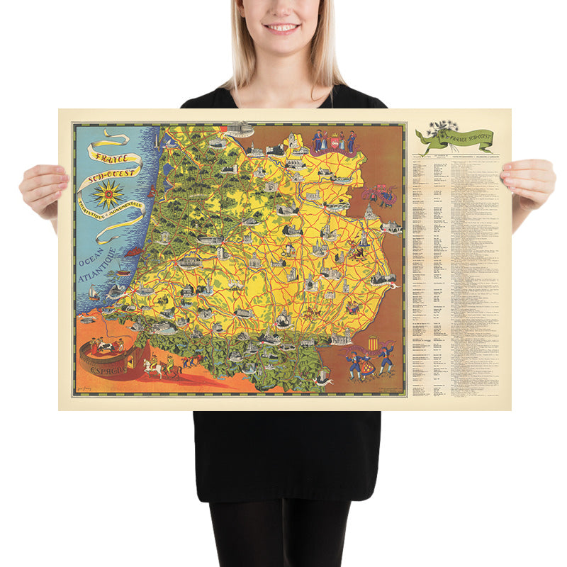 Pictorial Map of Southwestern France by Flornoy Jean, 1950: Toulouse, Bordeaux, Pyrenees, Garonne River, Way of St. James
