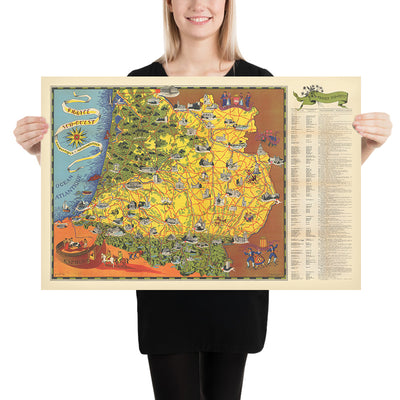 Pictorial Map of Southwestern France by Flornoy Jean, 1950: Toulouse, Bordeaux, Pyrenees, Garonne River, Way of St. James