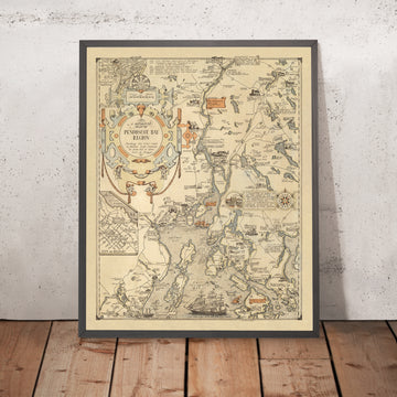 Old Pictorial Map of Penobscot Bay, Maine by Phillips 1940: Bangor, Camden, Belfast, Blue Hill, US 1