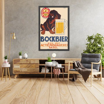 A framed image of Actienbrauerei Basel Vintage Bock Beer Poster by Rudolf Urech, 1915