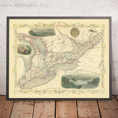 Mapa antiguo de Canadá de Tallis, 1851: Toronto, cataratas del Niágara, lago Erie, Kingston, viñetas