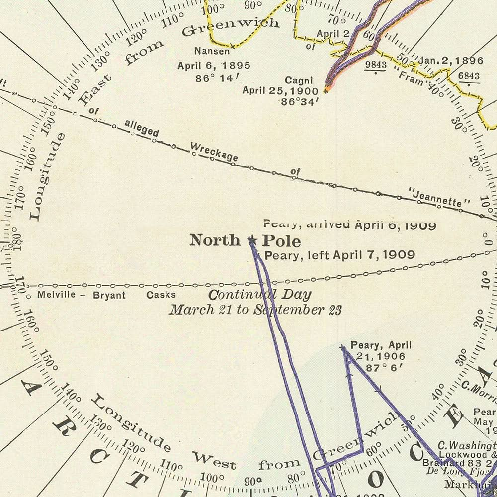 Alte Karte der Nordpolforschung, 1910: Peary's Route, Arktisreisen, Grönland, Spitzbergen, Sibirien