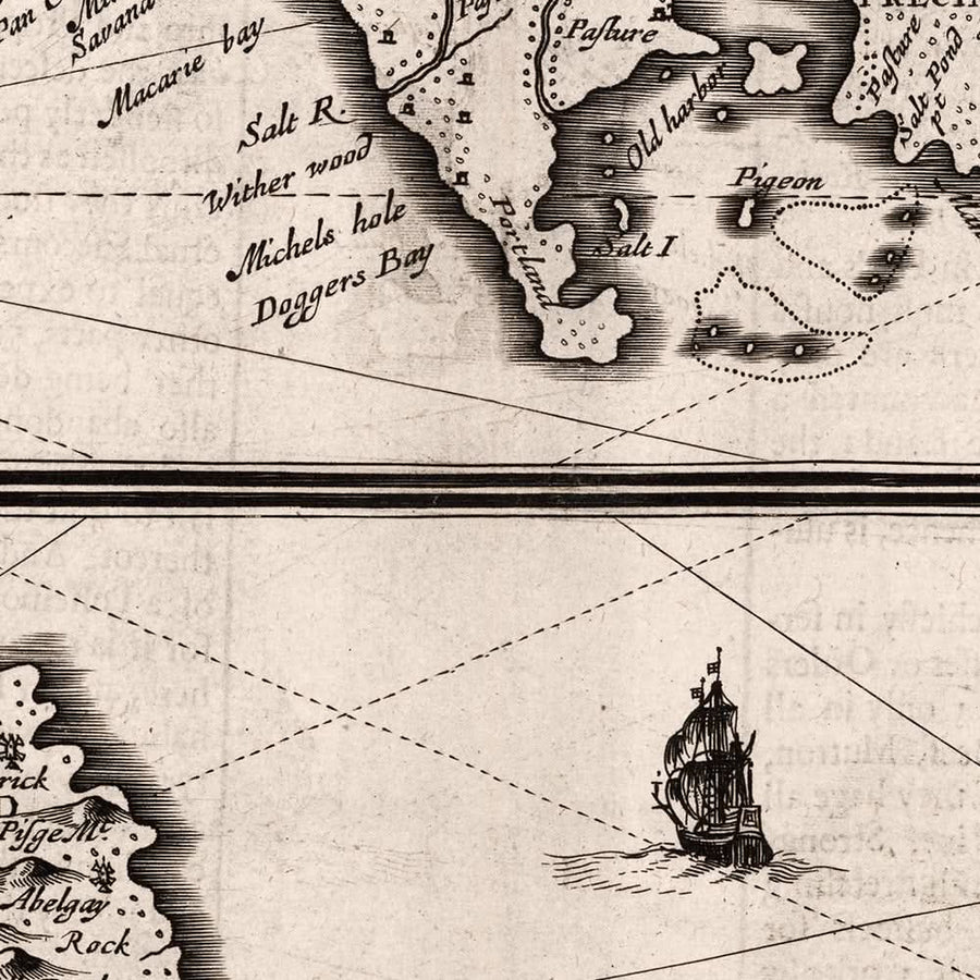 Mappa antica di Giamaica e Barbados di Speed, 1676: Port Royal, Bridgetown, Montagne, Navi 