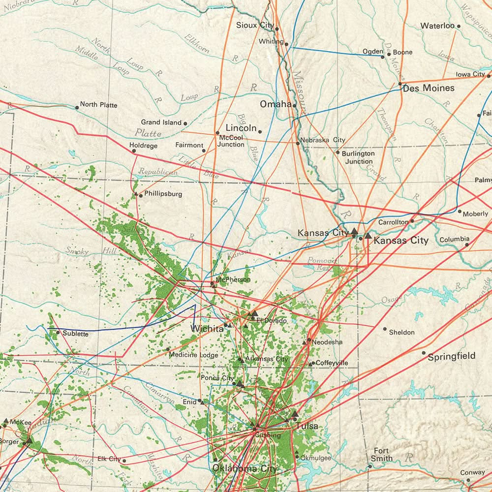 Ancienne carte des États-Unis, 1966 : pipelines, New York, Louisiane, Rocheuses, Grands Lacs