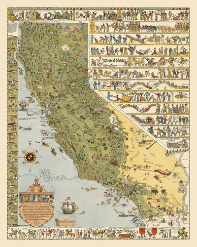 Mapa ilustrado antiguo de California, realizado por Mora en 1927: Los Ángeles, San Francisco, Yosemite, Sierra Nevada y la fiebre del oro