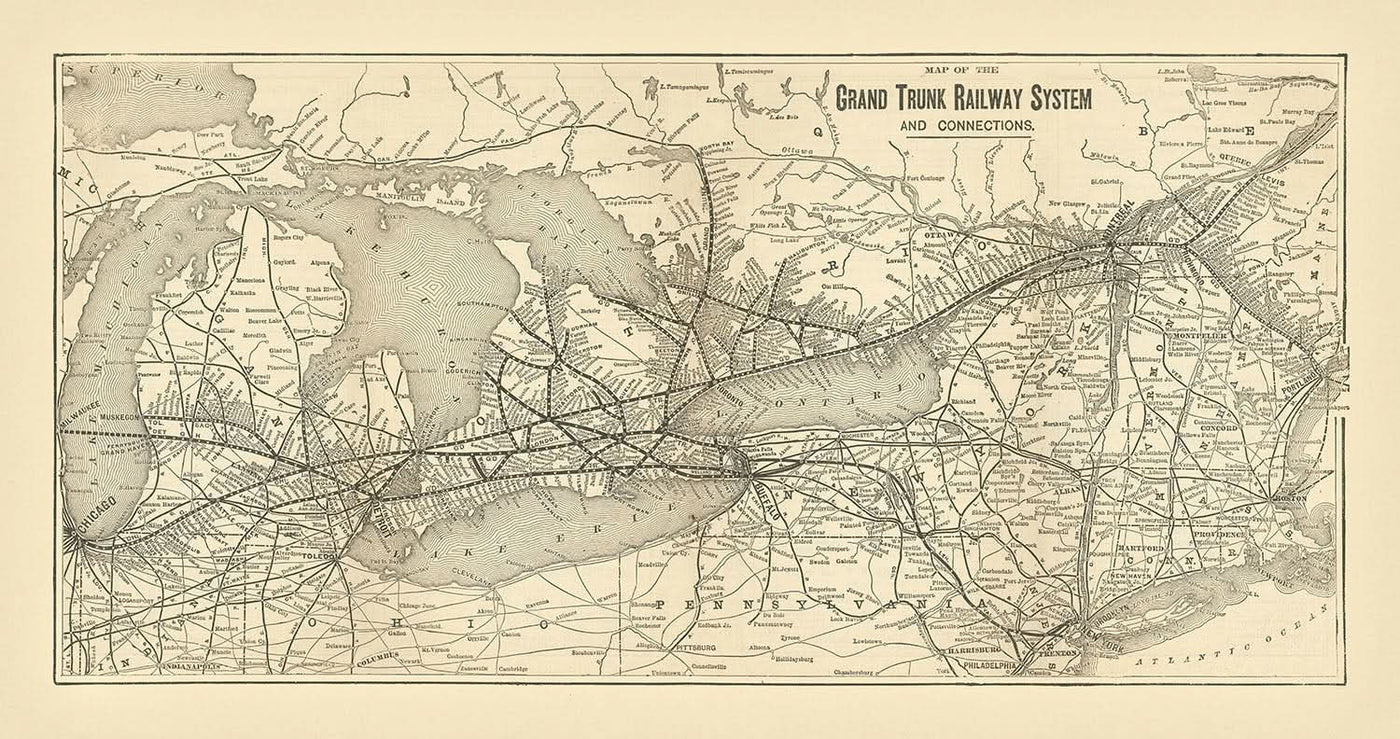 Mapa antiguo de Ontario y los Grandes Lagos, 1898: Toronto, Chicago, las cataratas del Niágara, el río San Lorenzo y Detroit