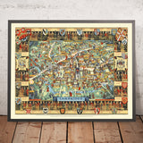 Alter bildlicher Stadtplan von Cambridge von Lee, 1948: King's College, Fluss Cam, Seufzerbrücke, Trinity College, St. John's 