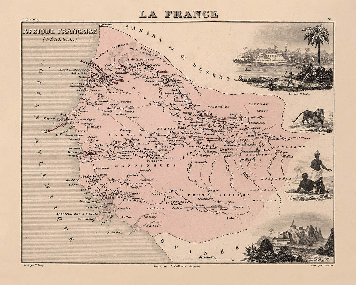 Old Map of Senegal (French Africa) by Vuillemin, 1869: Dakar, Saint-Louis, Senegal & Gambia Rivers, Colonial