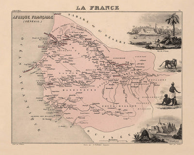 Old Map of Senegal (French Africa) by Vuillemin, 1869: Dakar, Saint-Louis, Senegal & Gambia Rivers, Colonial