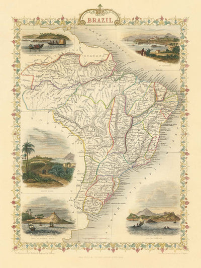 Old Map of Brazil by Tallis, 1851: Amazon River, Rio de Janeiro, São Paulo, Salvador, Atlantic Coast