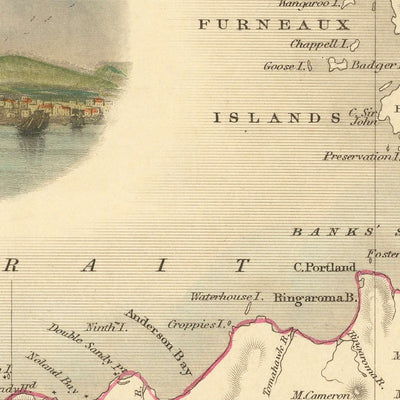 Old Map of Tasmania by Tallis, 1851: Van Diemen's Land, Hobart, Launceston, Bass Strait, Ben Lomond, Cape Grim