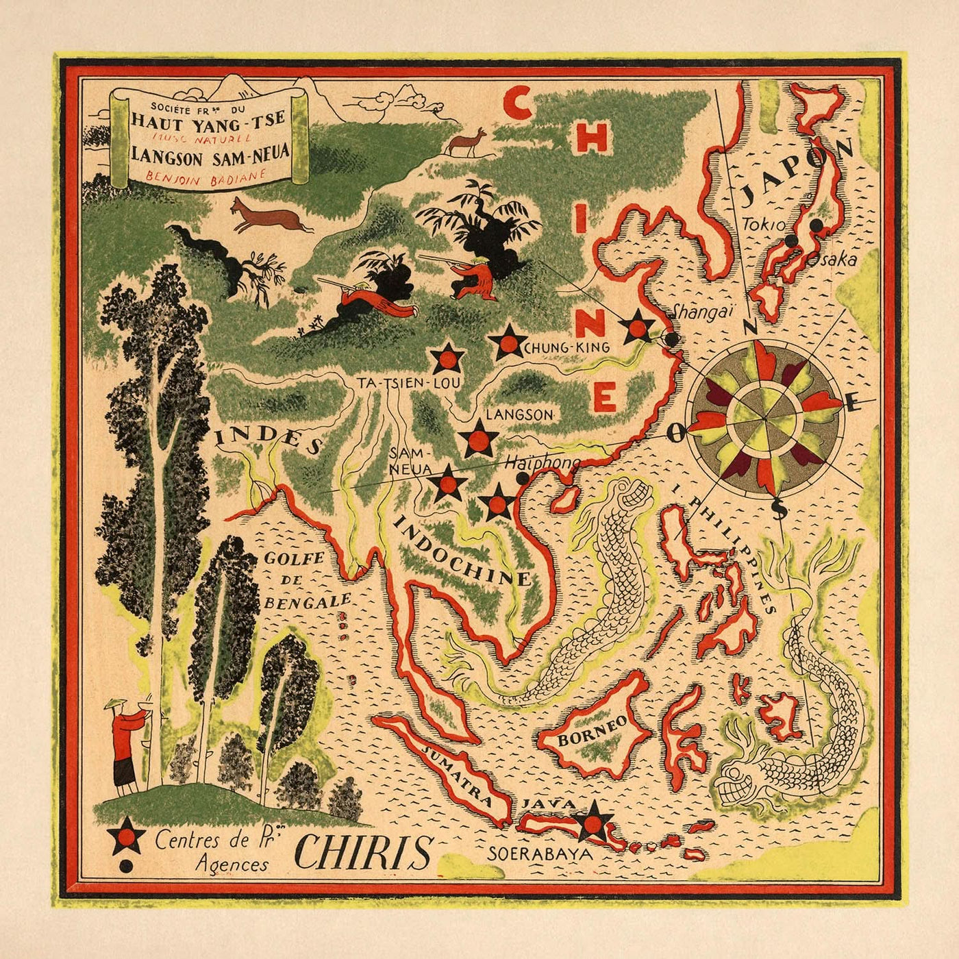 Mapa pictórico antiguo de China de Mazuyer, 1931: Shanghái, dragones, rosa de los vientos, golfo de Bengala, Indochina