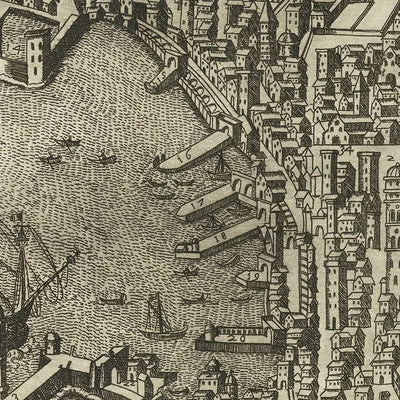 Mapa pictórico antiguo de Génova de Duchetti, 1584: puerto, linterna, acueductos, barcos, escudo de armas