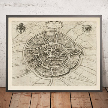 Antica mappa a volo d’uccello di Aachen di Blaeu, 1652: Cattedrale, Rathaus, mercato, Wurm e mulini, mura e porte 