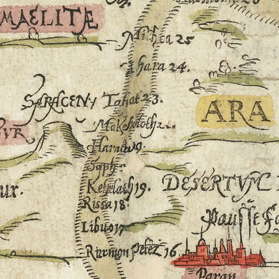 Antiguo mapa temático del Éxodo de Bunting, 1592: Jerusalén, Mar Rojo, Sinaí, Gosén, Madián