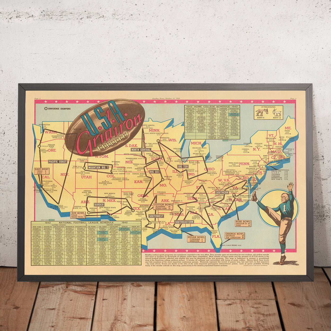 Old Map of US College Football by Sundberg, 1942: Major Teams, Conferences, WW2 Era