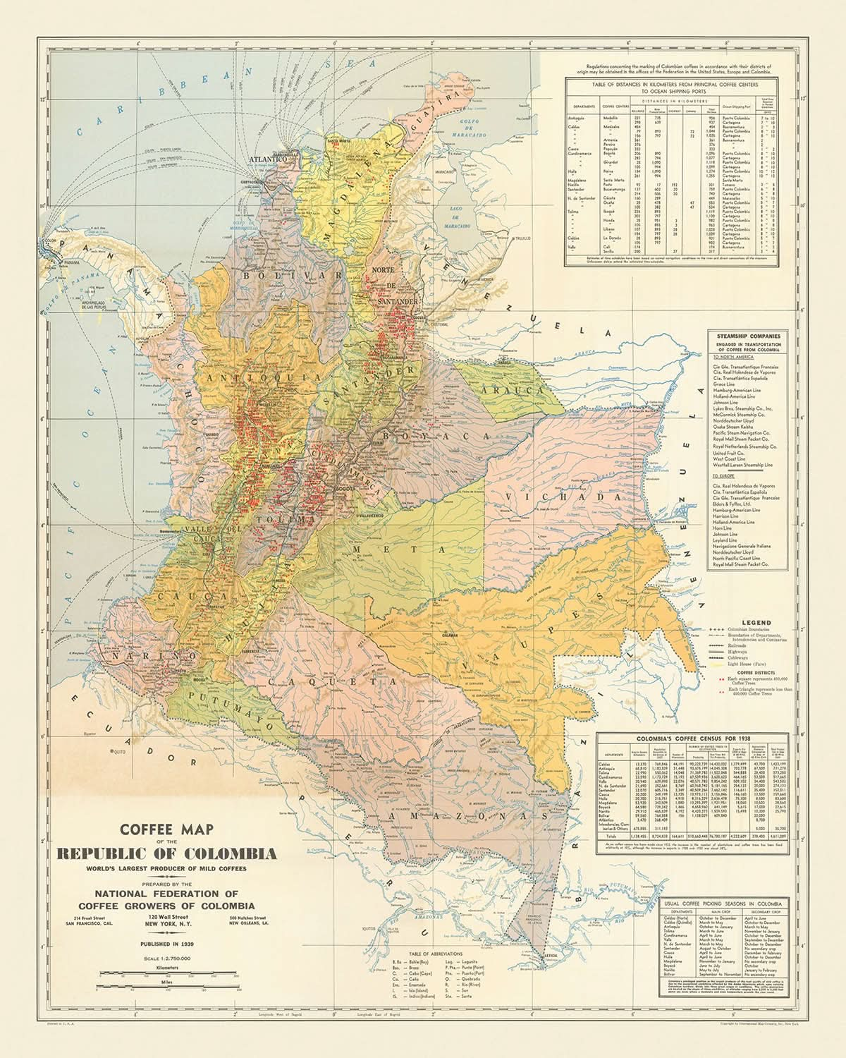 Mapa antiguo de Colombia, 1939: regiones cafeteras, Andes, Bogotá, Medellín, ferrocarriles