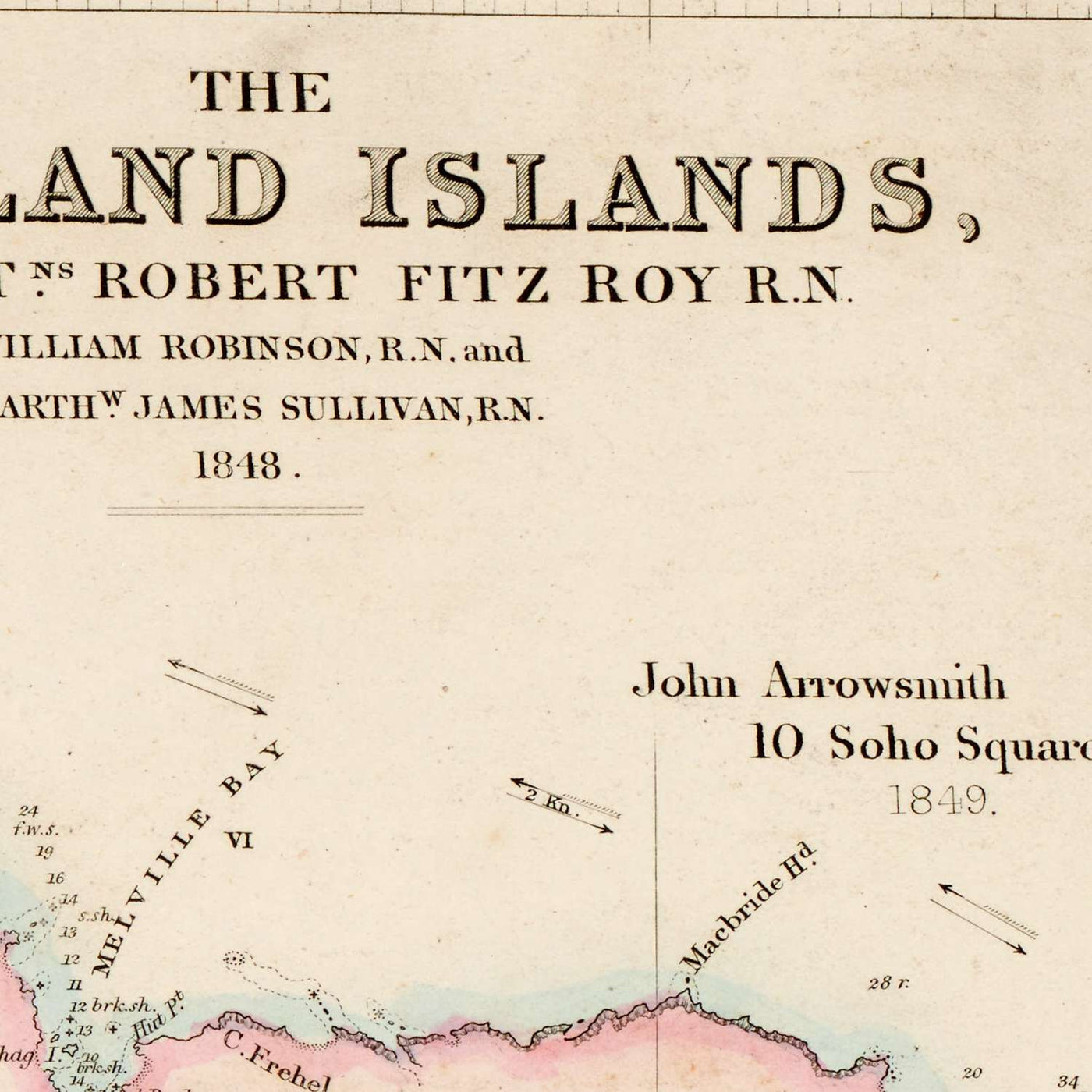 Old Map of Falkland Islands by Arrowsmith, 1848: Port Stanley, Charlotte Bay, Port Ross, Inset World