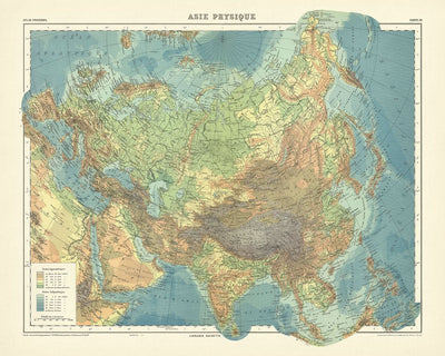 Mapa antiguo de Asia de Schrader, 1931: relieve vívido, meridiano de París, perspectiva histórica