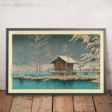 Gerahmtes Bild des Kansagu-Schreins am Tawaza-See im Schnee von Hasui Kawase, 1935