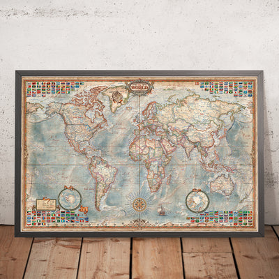 Carte du monde exécutive par Ray&Co, 2025 : Relief océanique 3D, esthétique vintage, chaque drapeau 