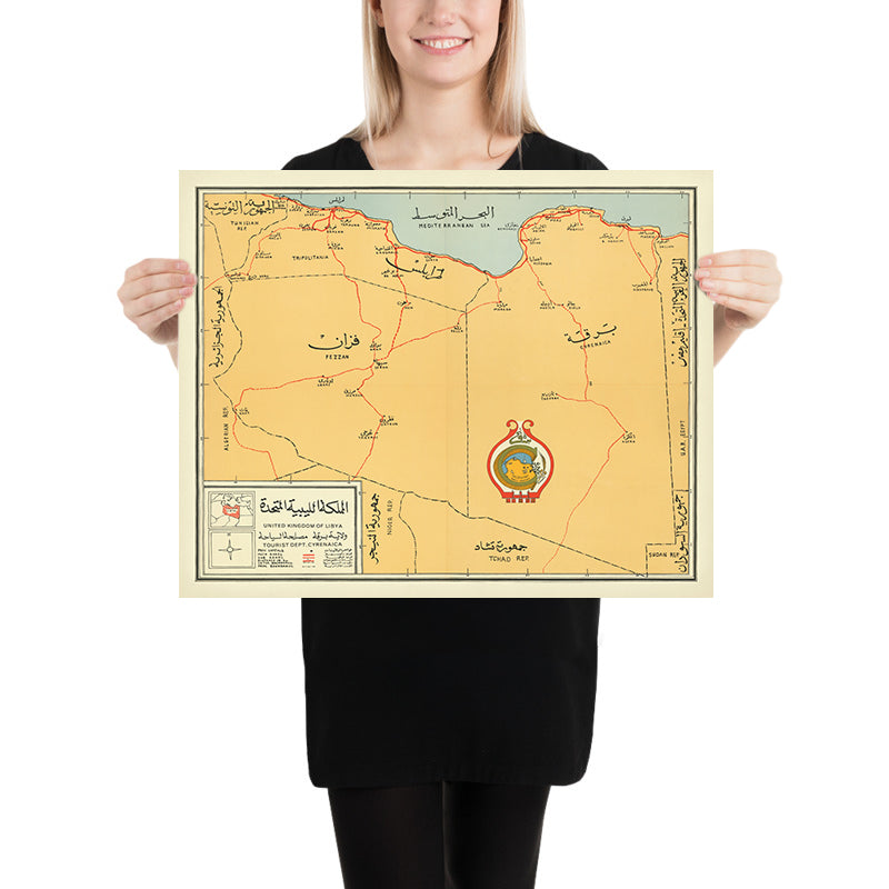 Old Map of Libya, 1960: Benghazi, Tripoli, Cyrenaica, Roads, Mediterranean Sea