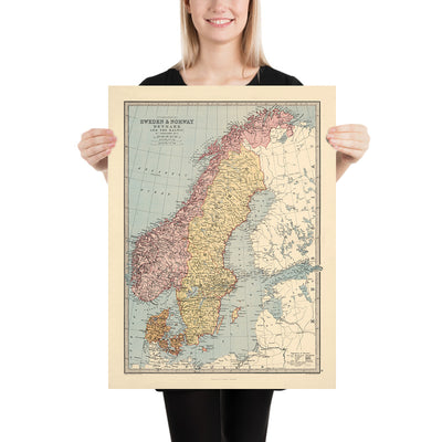 Old Map of Scandinavia by Bartholomew, 1871: Stockholm, Copenhagen, Oslo, Baltic Sea, Scandes