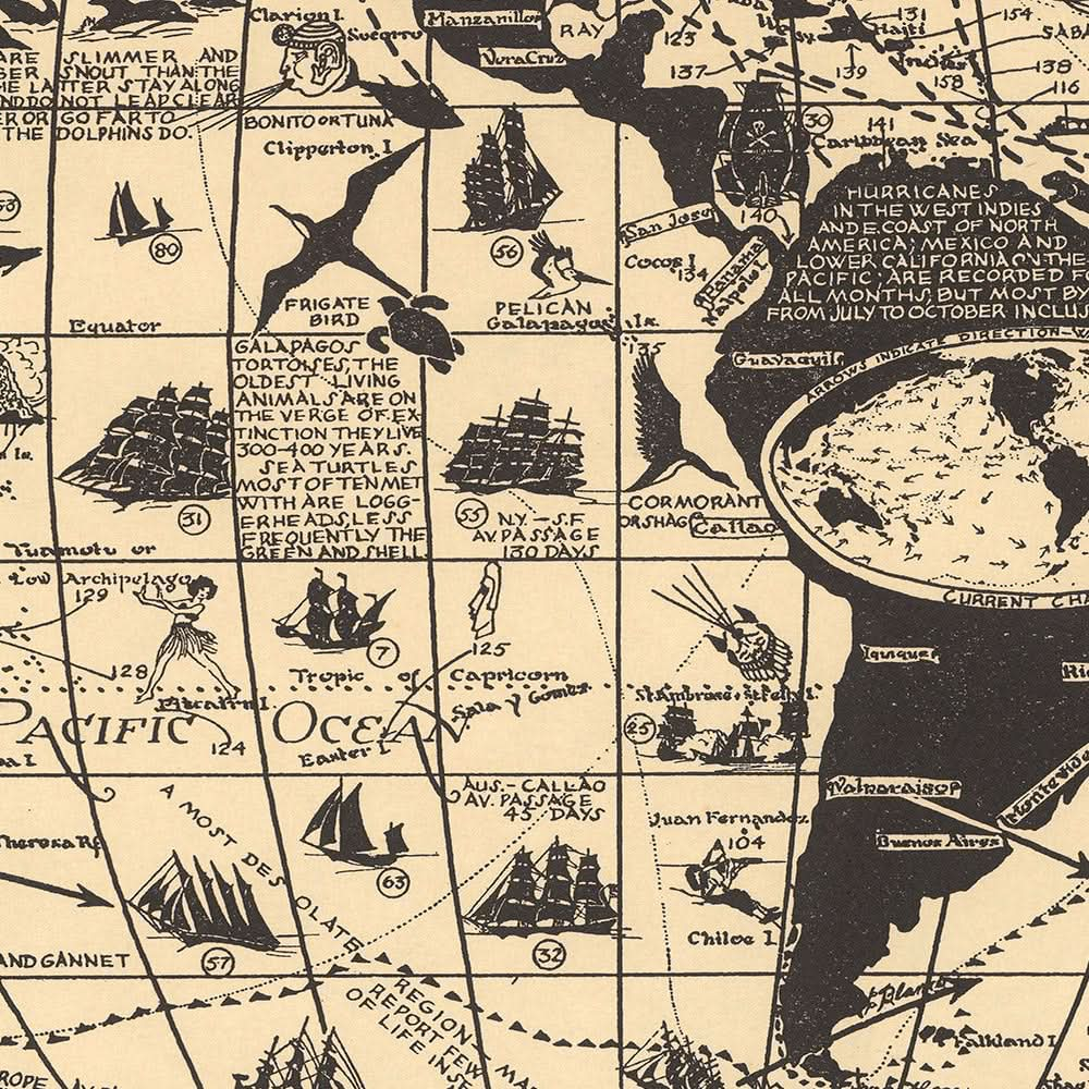 Old Historical Seafaring World Map by Turpin, 1935: Famous Ships, Sea Monsters